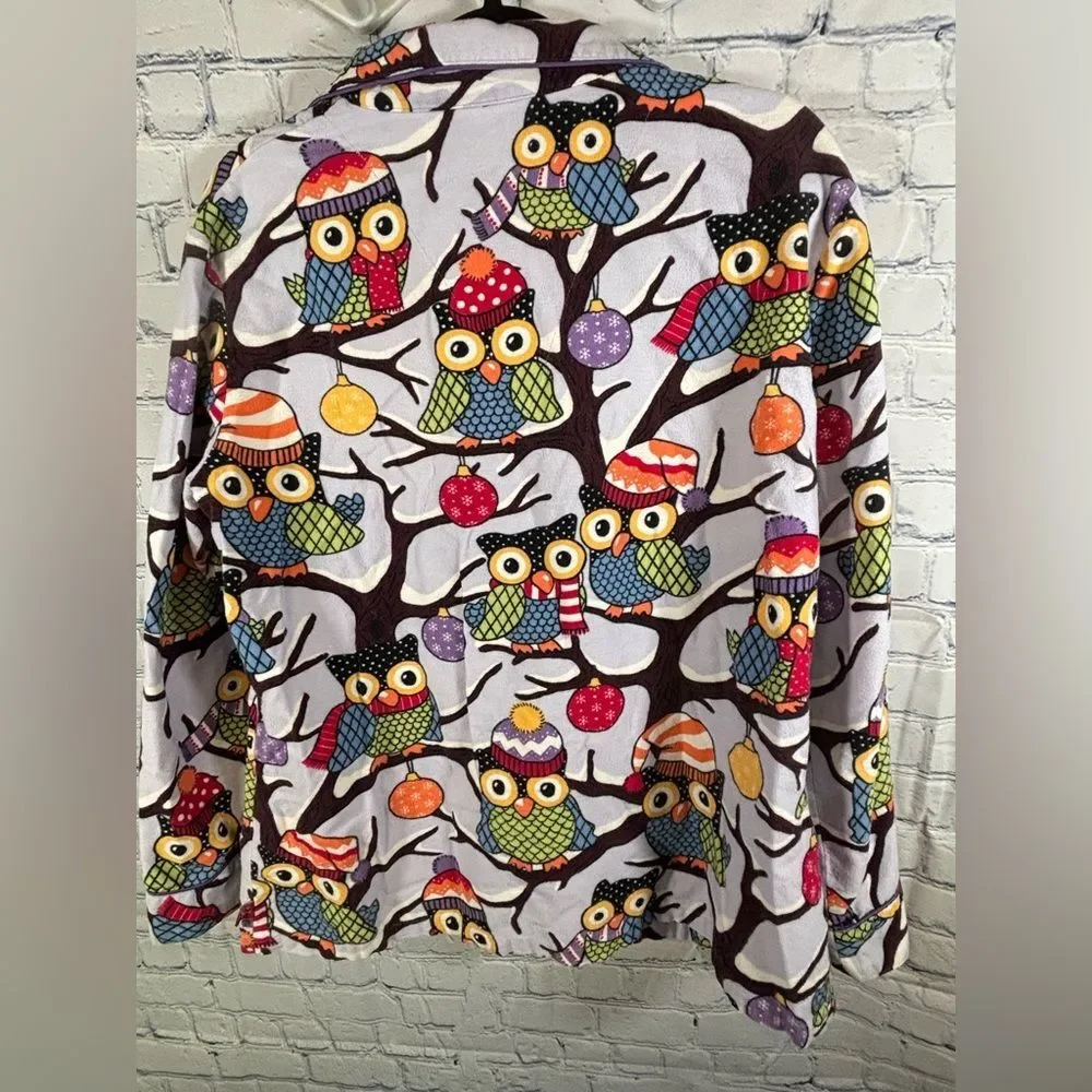Nick & Nora Purple Owls in Hats Holiday Print Cotton Holiday Pajama Top Size L